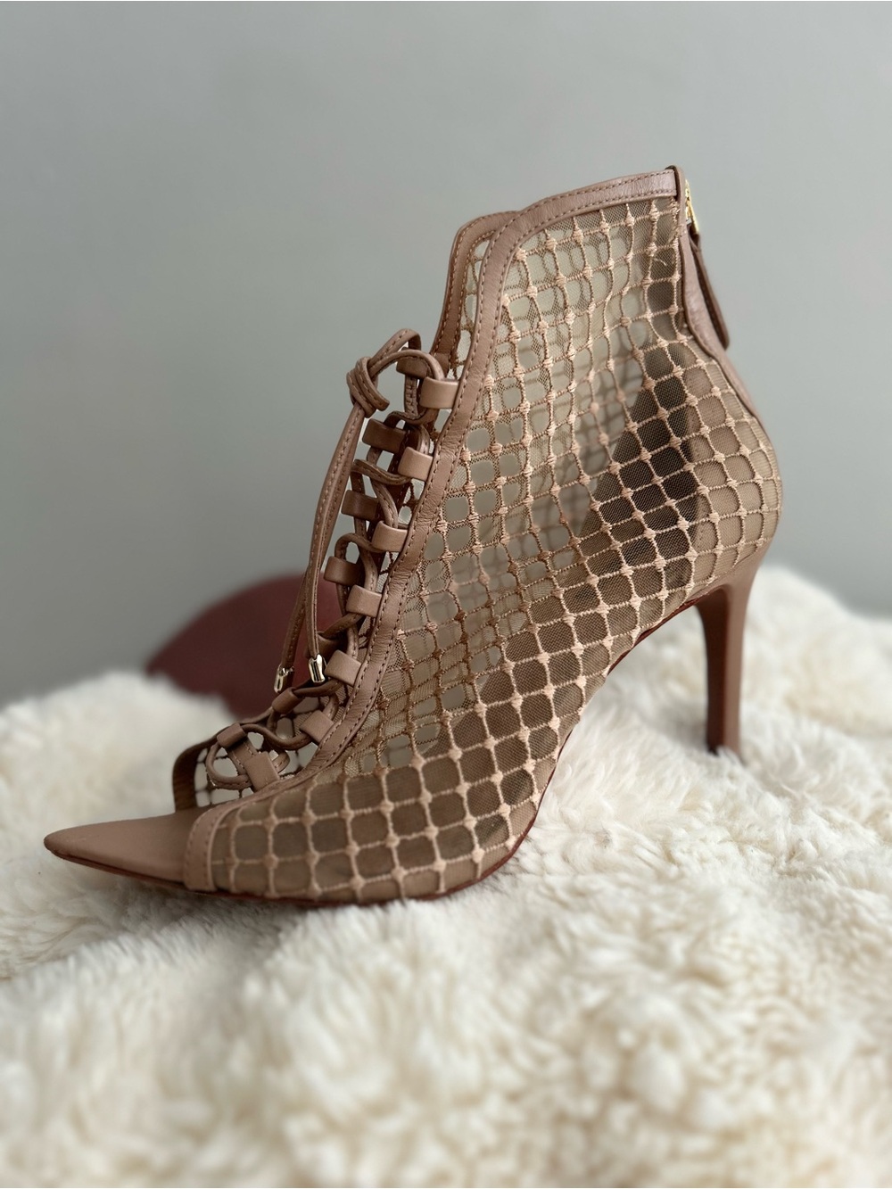 BCBGMaxAzria Taupe Mesh Lattice Stiletto Heels